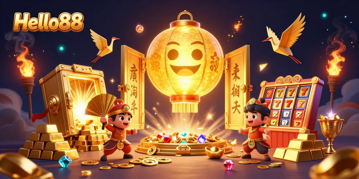 Hello88 captures the excitement of casino gaming with vibrant characters and golden treasures.