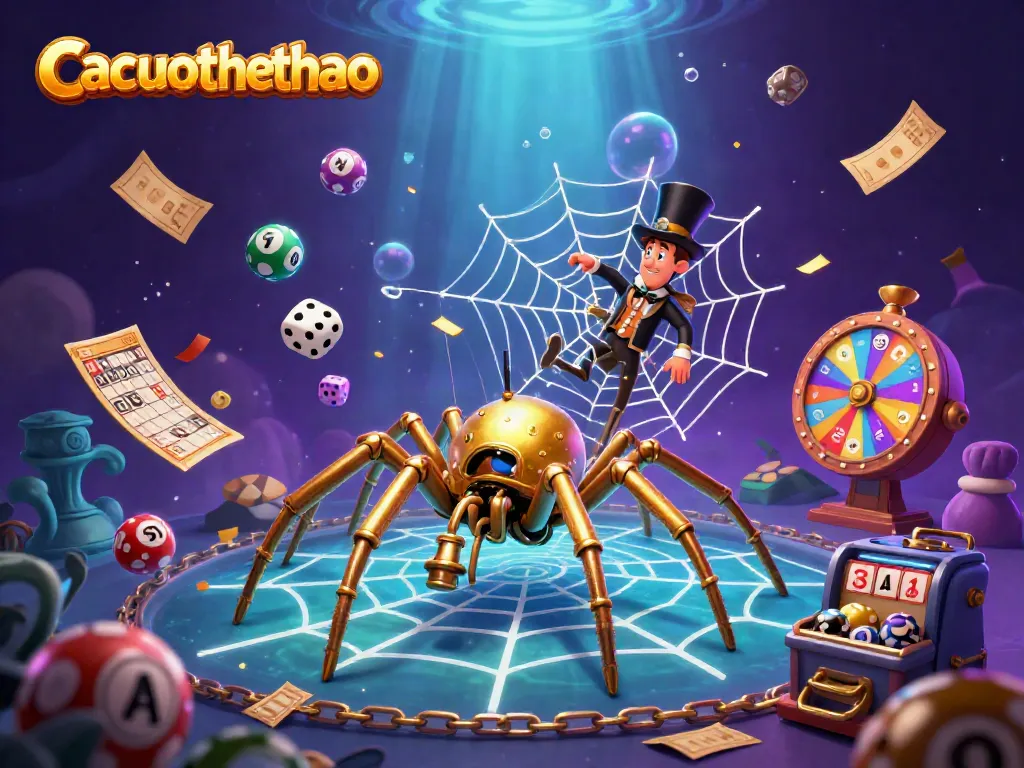 Cacuocthethao showcases a vibrant steampunk scene with a golden spider and a fly gentleman amid dynamic gambling elements.
