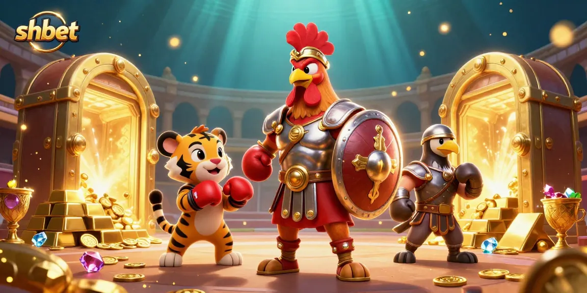 Experience the thrill of shbet with a dynamic 3D illustration of a gladiator rooster, showcasing vibrant gems and gold.