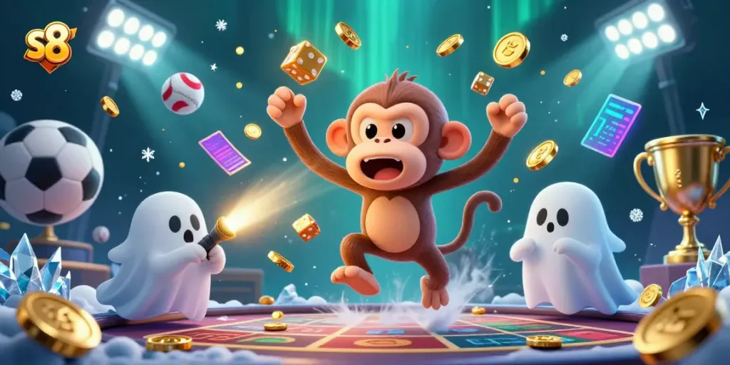 Experience the thrill of s8 casino sports betting with a playful illustration of a poltergeist monkey and a ghost-hunter puppy.