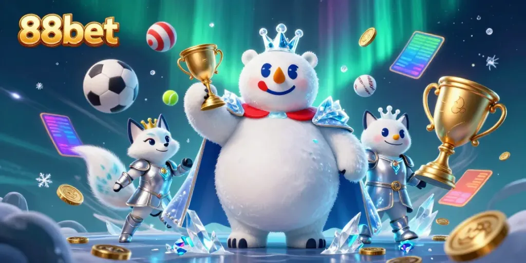 Engage with 88bet's dynamic gaming scene featuring an ice king and a snow fox amidst sports symbols and vibrant energy.