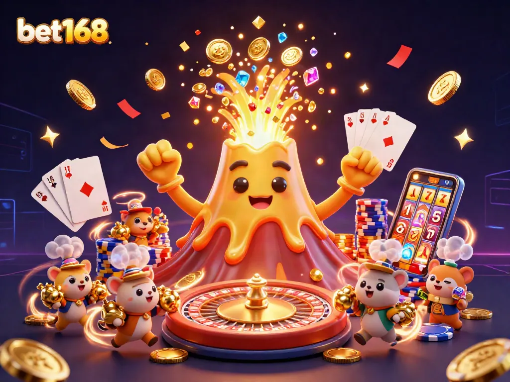Bet168 engages players with a vibrant 3D illustration showing a triumphant volcano, treasure, and casino games.