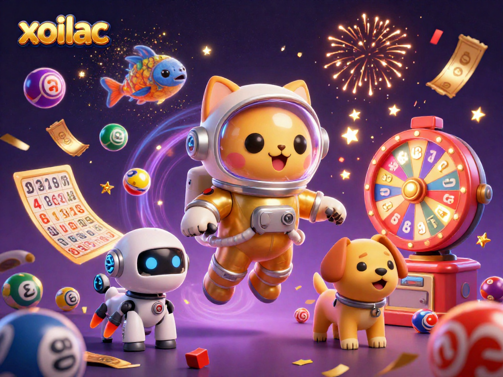 Experience thrill with xoilac as colorful lottery balls bounce around a festive gambling scene.