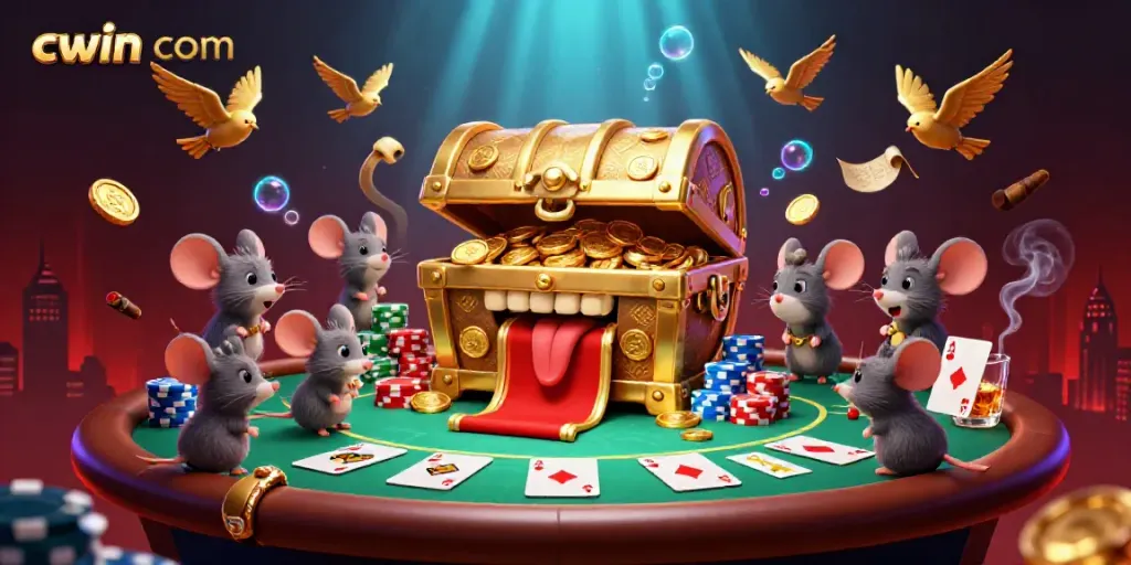 Engage in thrilling gaming adventures with cwin com, featuring a treasure chest and poker elements in a vibrant casino scene.