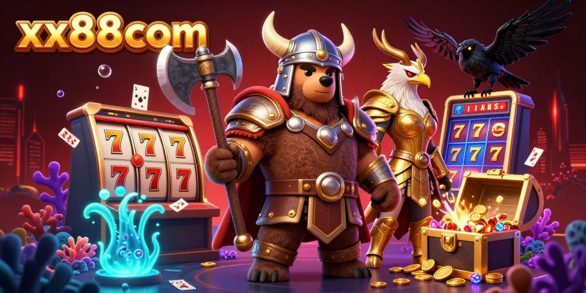 Join the exciting world of xx88com with a vibrant casino scene featuring a Viking berserker and gaming elements.