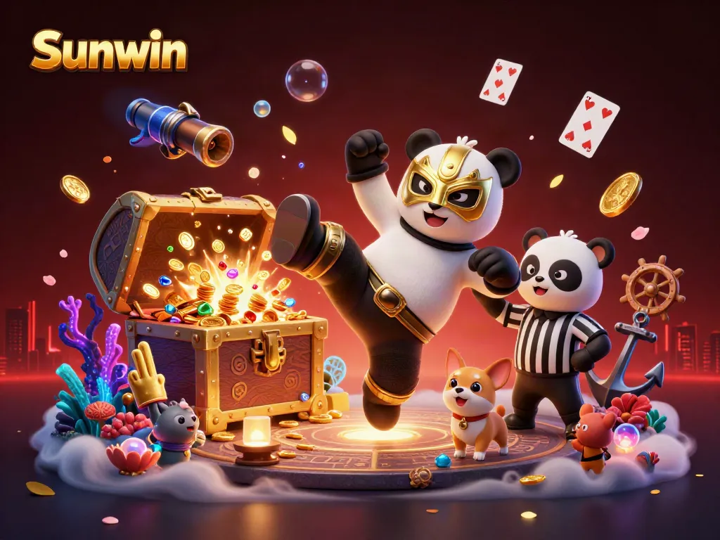 Join the excitement of Sunwin gaming with vibrant characters in action amidst treasure and festive elements.