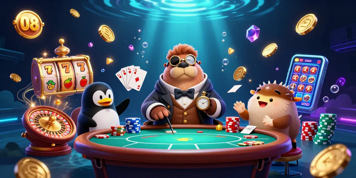 Players at the underwater poker table with the jolly walrus and dealer showcase excitement at 08.