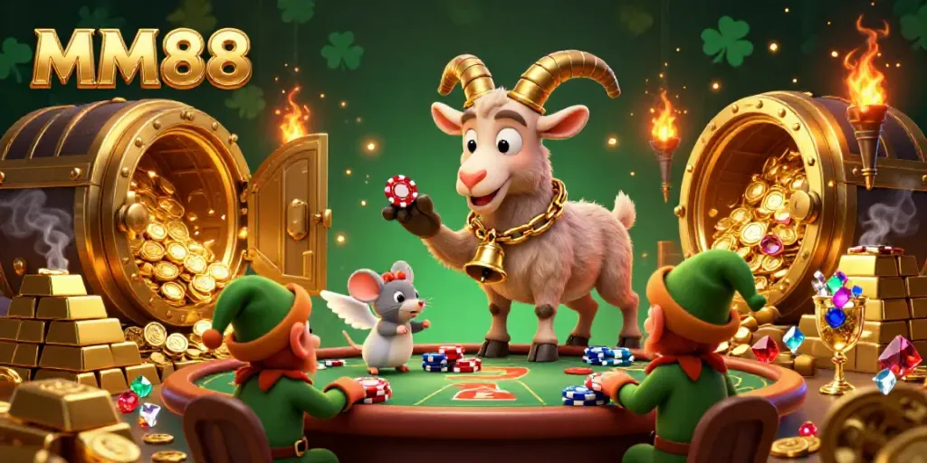 Experience the thrill of MM88 in a vibrant casino scene with Krampus, angel mouse, and mischievous gremlins.