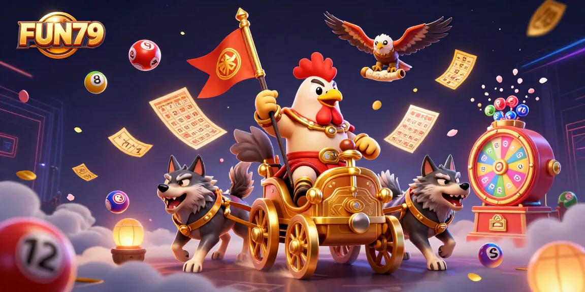 Engage in thrilling gameplay with FUN79, featuring a cartoon rooster warlord in a vibrant casino scene bursting with lottery elements.