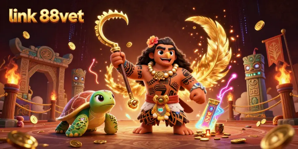 Engage in thrilling gameplay at link 88vbet with vibrant 3D illustration of casino-themed ancient Polynesian characters.