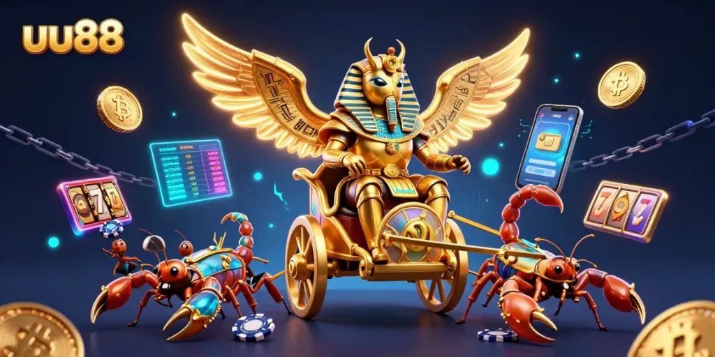 Engage with uu88's thrilling casino experience featuring a golden scarab beetle, vibrant symbols, and digital assets.