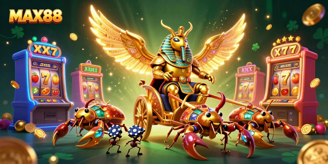 Experience the excitement of MAX88 with a vibrant 3D illustration featuring a golden scarab and slot machines.