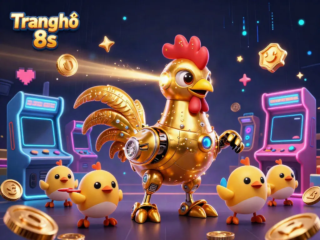 Experience the excitement at Trang chủ 8s with a dynamic 3D gaming scene featuring a futuristic golden rooster and baby chick drones amidst colorful casino elements.
