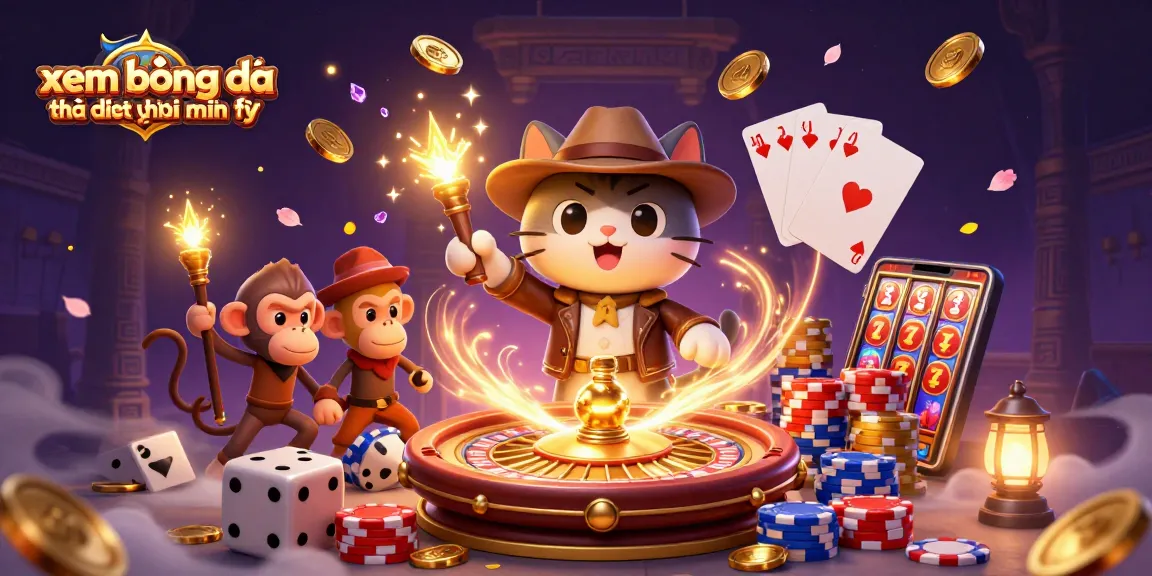 Experience xem bóng đá trên điện thoại miễn phí with vibrant 3D illustration featuring colorful casino elements and dynamic characters.