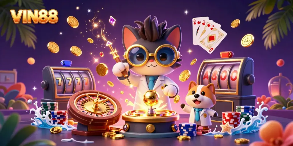 Experience the thrill of VIN88 with a vibrant 3D casino scene showcasing energetic characters and dazzling rewards.
