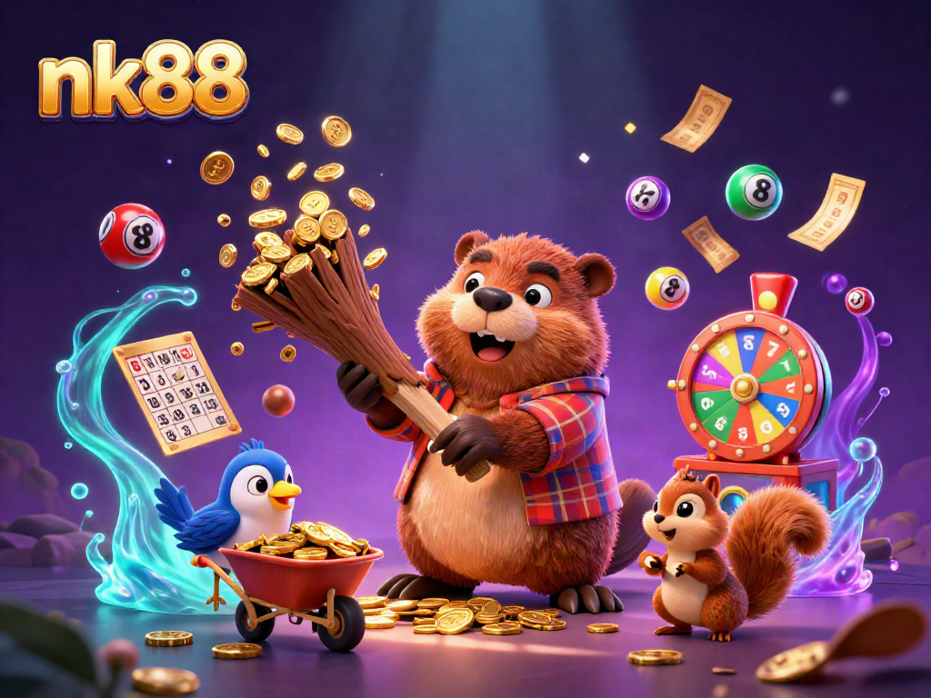 Engage with the exciting realm of nk88 gaming through a vibrant scene of characters collecting riches and lottery winnings.