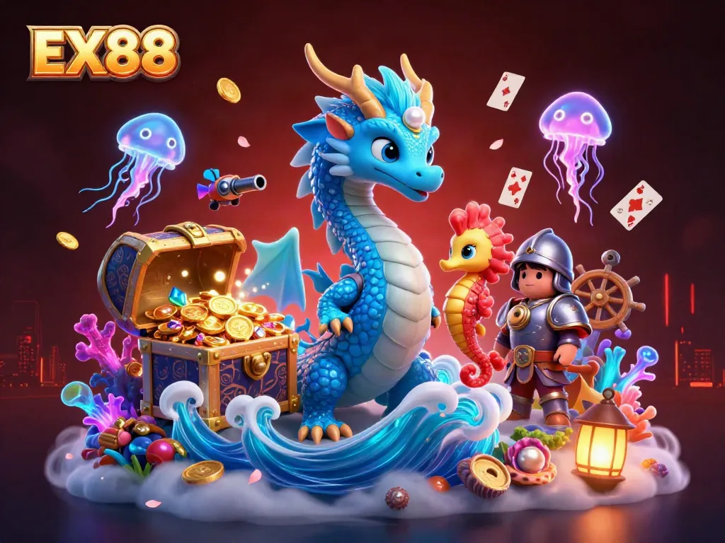 Immerse in the oceanic world of EX88 with dazzling underwater creatures and distinct casino symbols