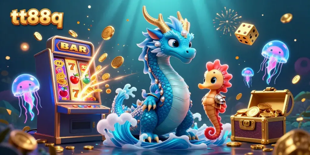 Experience exhilaration at tt88q with a vibrant underwater casino scene featuring a dragon, knight, and shimmering jellyfish.