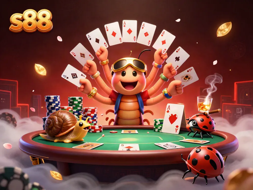 Engage in an exciting s88 poker scene with a whimsical millipede dealer and vibrant chip stacks.