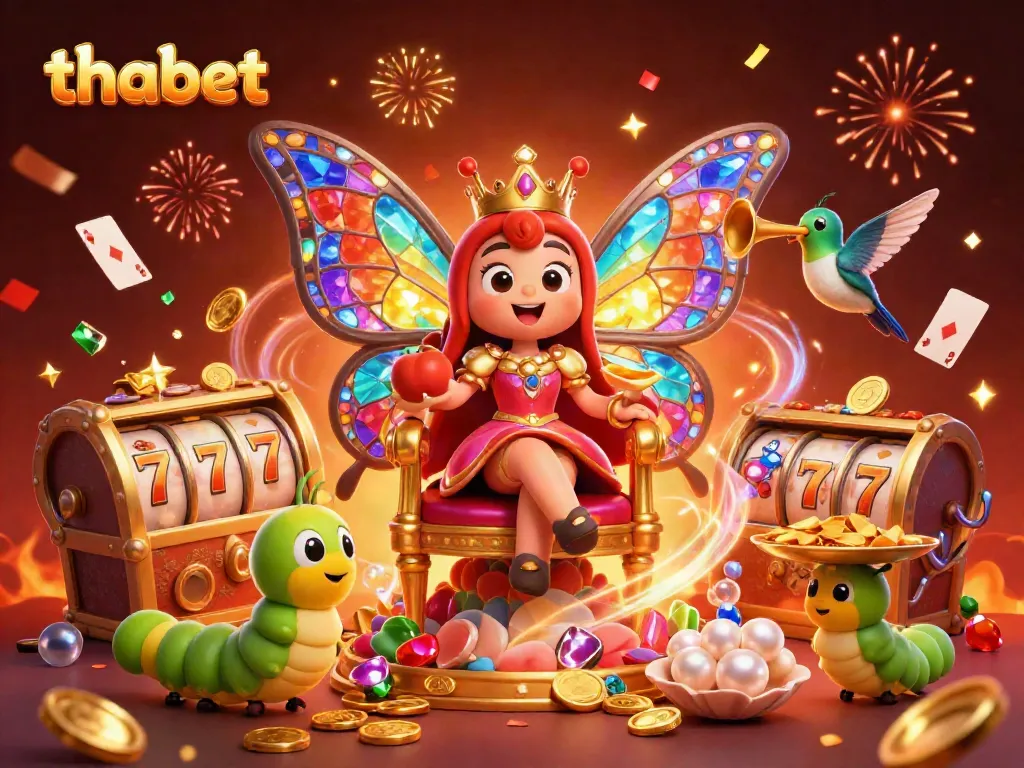 Spin the reels of thabet in a vibrant digital casino scene with a butterfly queen amidst treasures and festive effects.