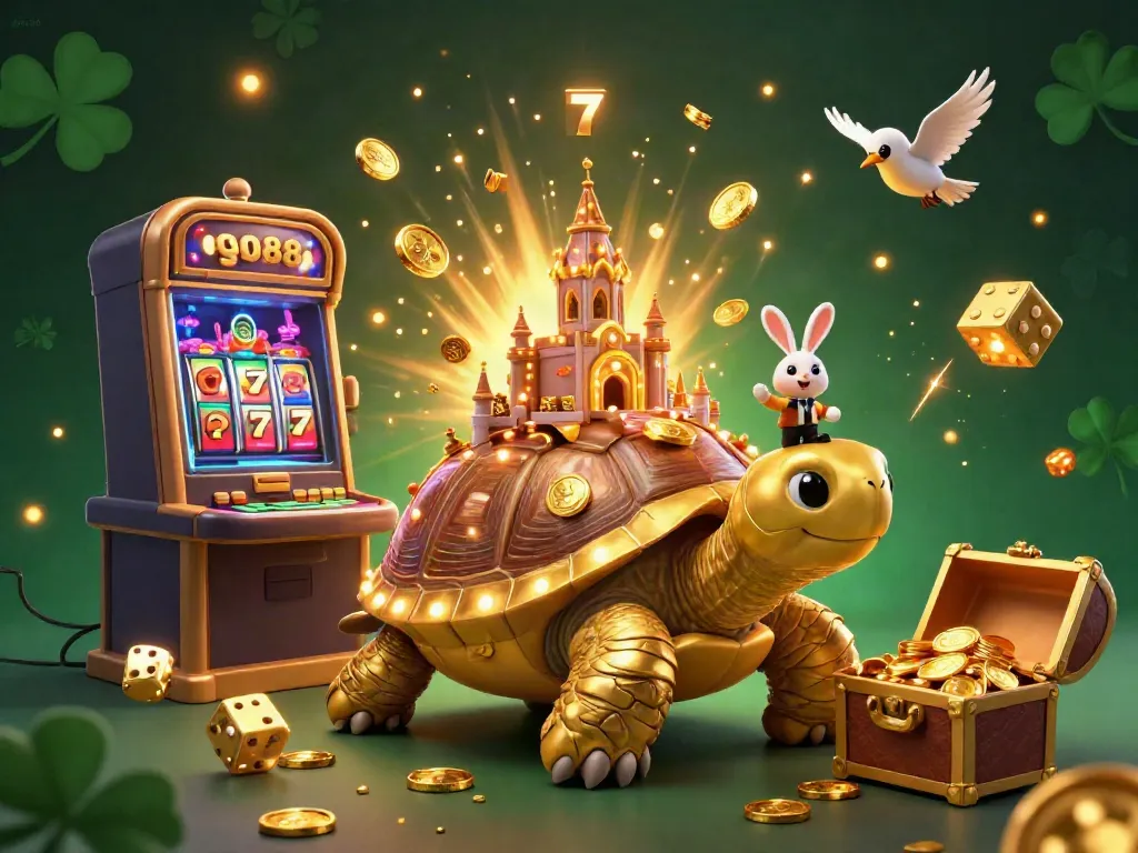 Engage with exciting go88 casino adventures featuring a golden tortoise, dealer, and golden coins.