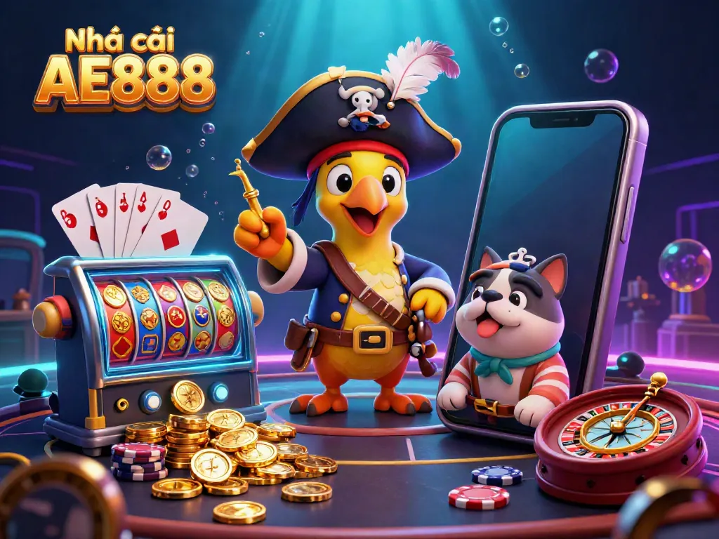 Engage with Nhà cái AE888 in an energetic casino scene featuring animated characters and vibrant game elements.