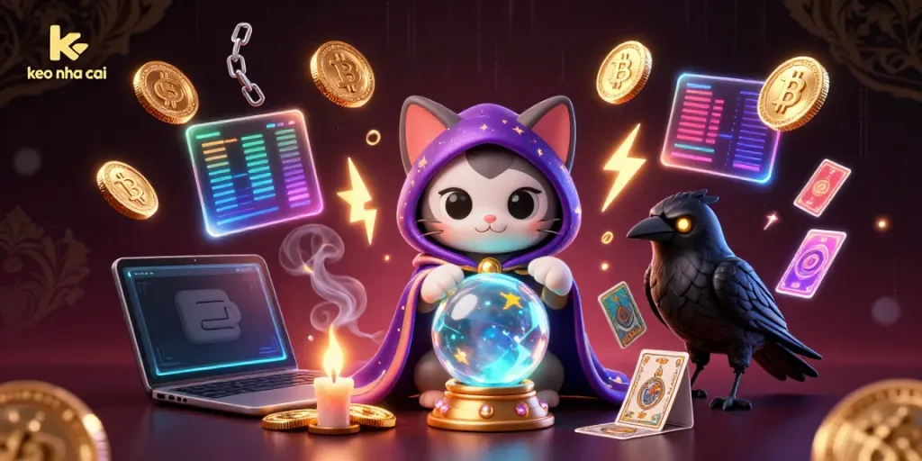 Engage in exciting gaming with keo nha cai illustrated by mystical characters and crypto elements.