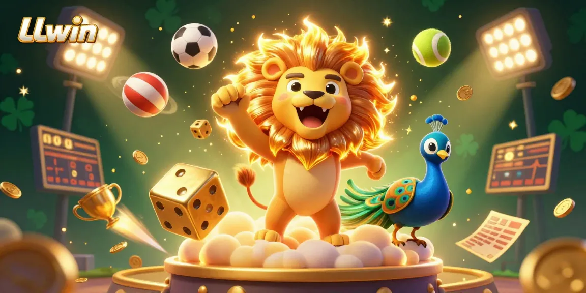 LLwin sports betting action featuring a vibrant 3D lion illustration with golden dice and dynamic sports elements.