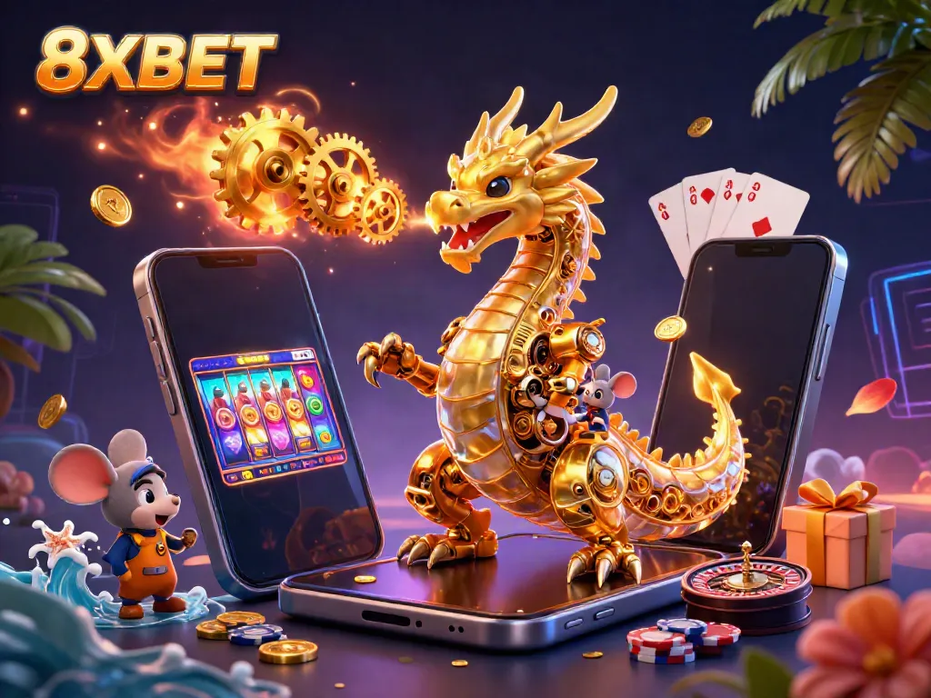 8XBET dragon-themed casino illustration featuring a colorful slot game and vibrant gold coins.