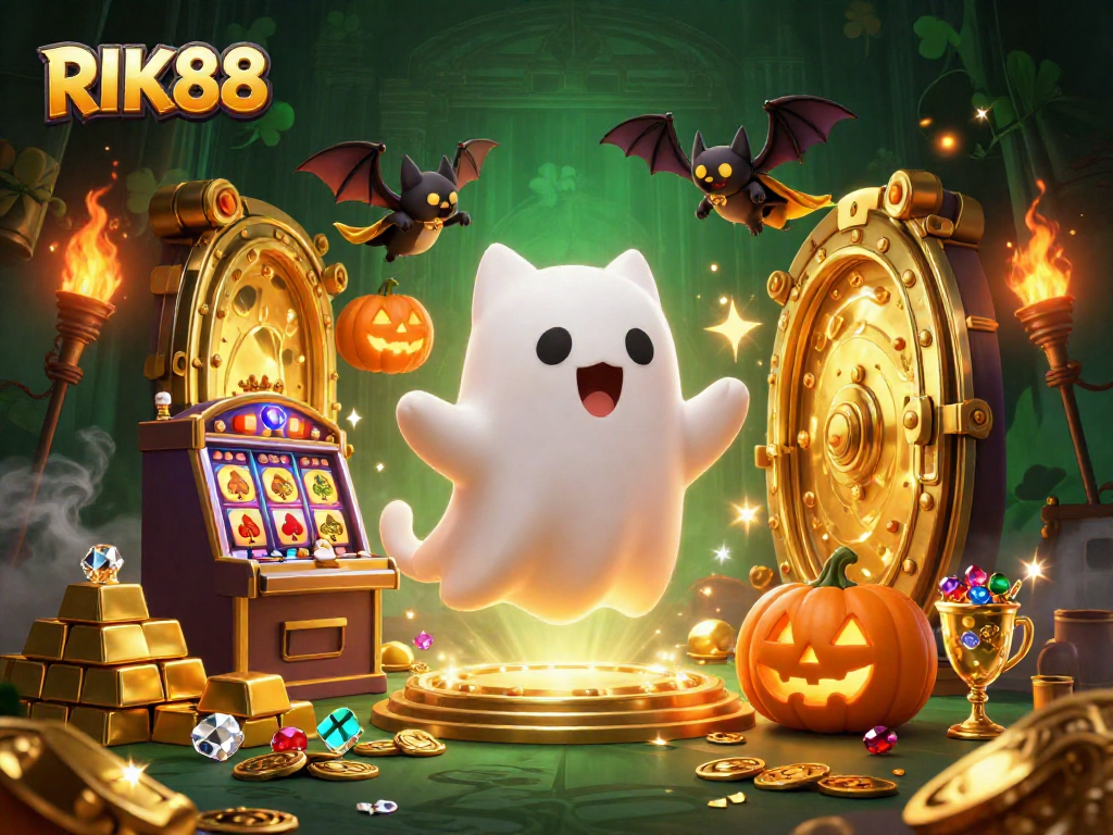 Engage with RIK88's thrilling casino experience featuring a ghost cat, treasures, and vibrant visuals.