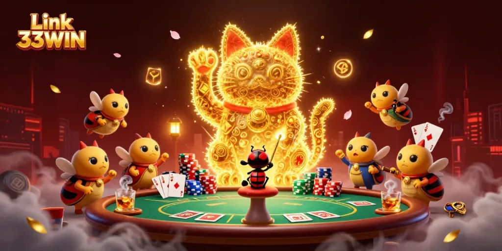Experience the excitement of Link 33WIN with a vibrant illustration of a lucky cat and casino symbols.