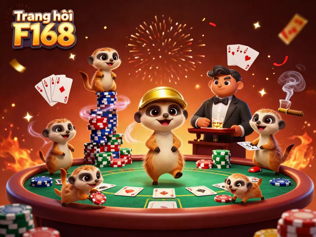 Experience the thrilling atmosphere of Trang chủ F168 with meerkats running a vibrant casino scene.
