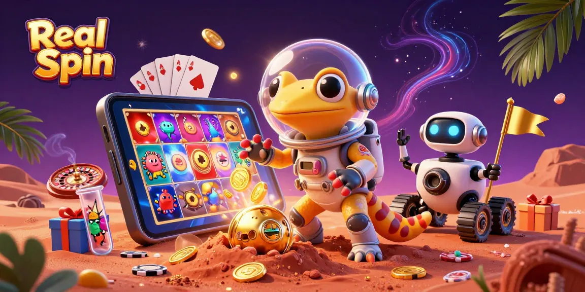 Experience thrilling gaming action at Real Spin Casino with this vibrant 3D scene of adventure and excitement.