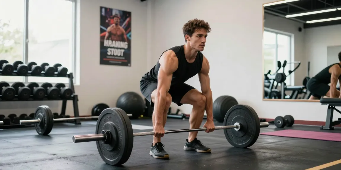 Een atleet in de Unique Pharma Shop gym tilt gewichten met focus en vastberadenheid.