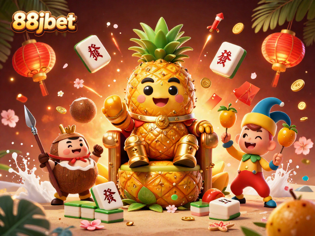 Engage with the vibrant casino scene featuring the 88jbet pineapple king surrounded by festive elements.