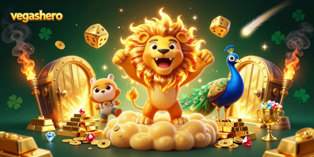 Engage with vegashero's exhilarating online gaming experience featuring a sun lion, golden dice, and treasure elements.