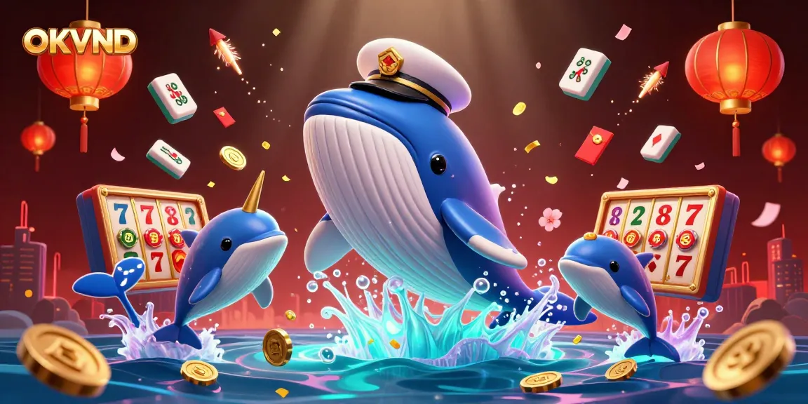 Engage with OKVND through a vibrant 3D illustration showcasing thrilling casino elements including slot reels and playful dolphins.