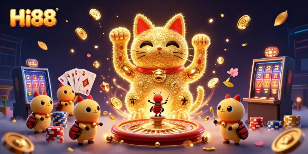 Engage with the magical Hi88 casino experience through a lively illustration showcasing vibrant symbols and elements of gaming.