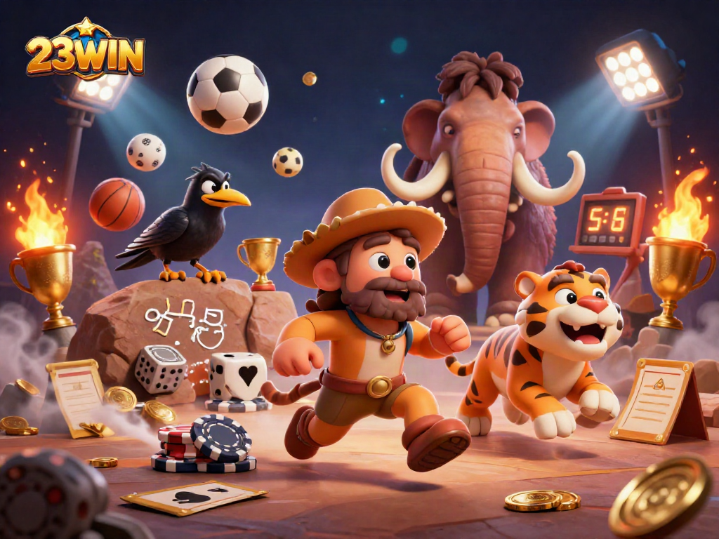 Win big with 23WIN's vibrant and dynamic casino scene featuring prehistoric characters and sports elements.