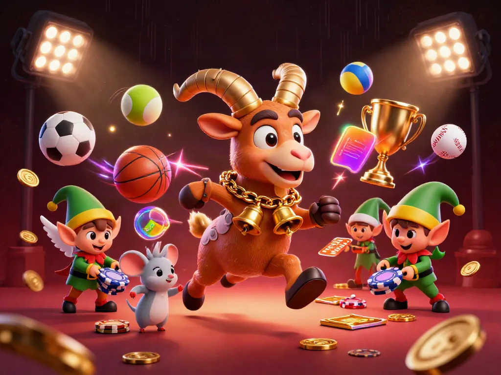 Engage with nbet's lively holiday casino scene featuring a playful Krampus goat, sports balls, and gremlins.