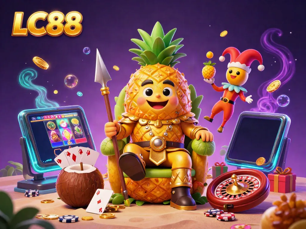Experience the magic of LC88 as the pineapple king presides over a vibrant beach casino with games and excitement.