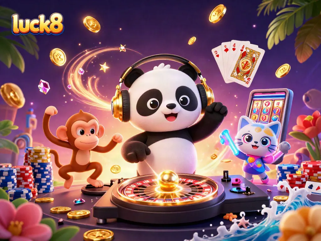 Spin big wins in the luck8 casino scene with vibrant characters and dynamic game elements.