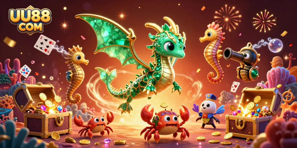 Experience adventurous wins with UU88 COM presenting a dazzling underwater treasure scene featuring vibrant casino elements.
