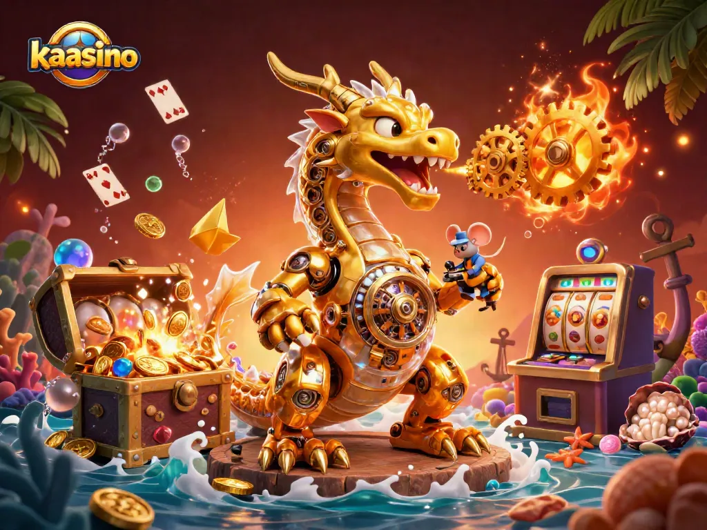 Kaasino offers captivating gaming visuals featuring a golden dragon amidst vibrant casino themes with treasure and slots.