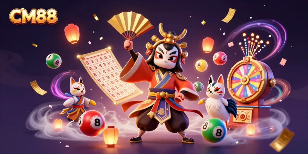 Experience the thrill of CM88 with dynamic lottery elements and vibrant characters in a stunning casino scene.