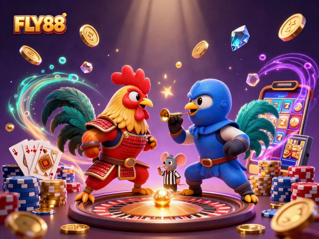 FLY88 showcases an epic rooster showdown with dynamic casino elements and thrilling action.