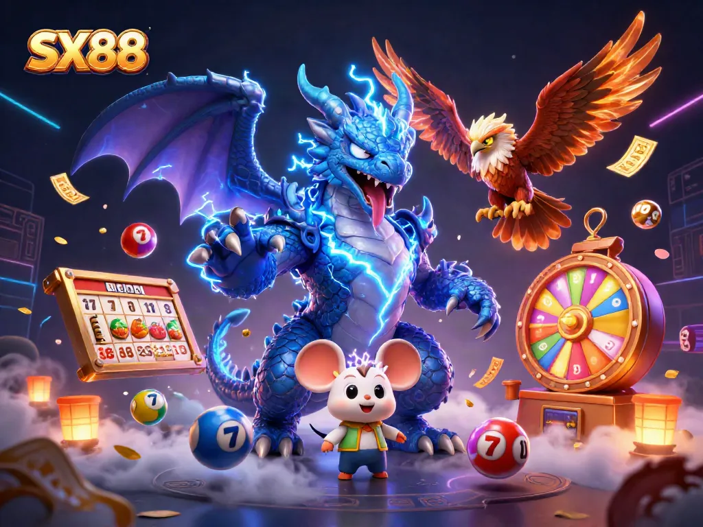 SX88 engages gamblers with vivid illustration of casino excitement featuring dynamic lottery elements.