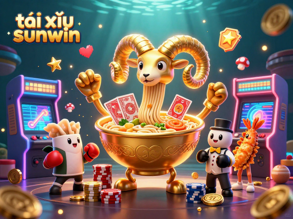 Engage in tài xỉu sunwin with a fun 3D illustration featuring lively characters and colorful casino elements.