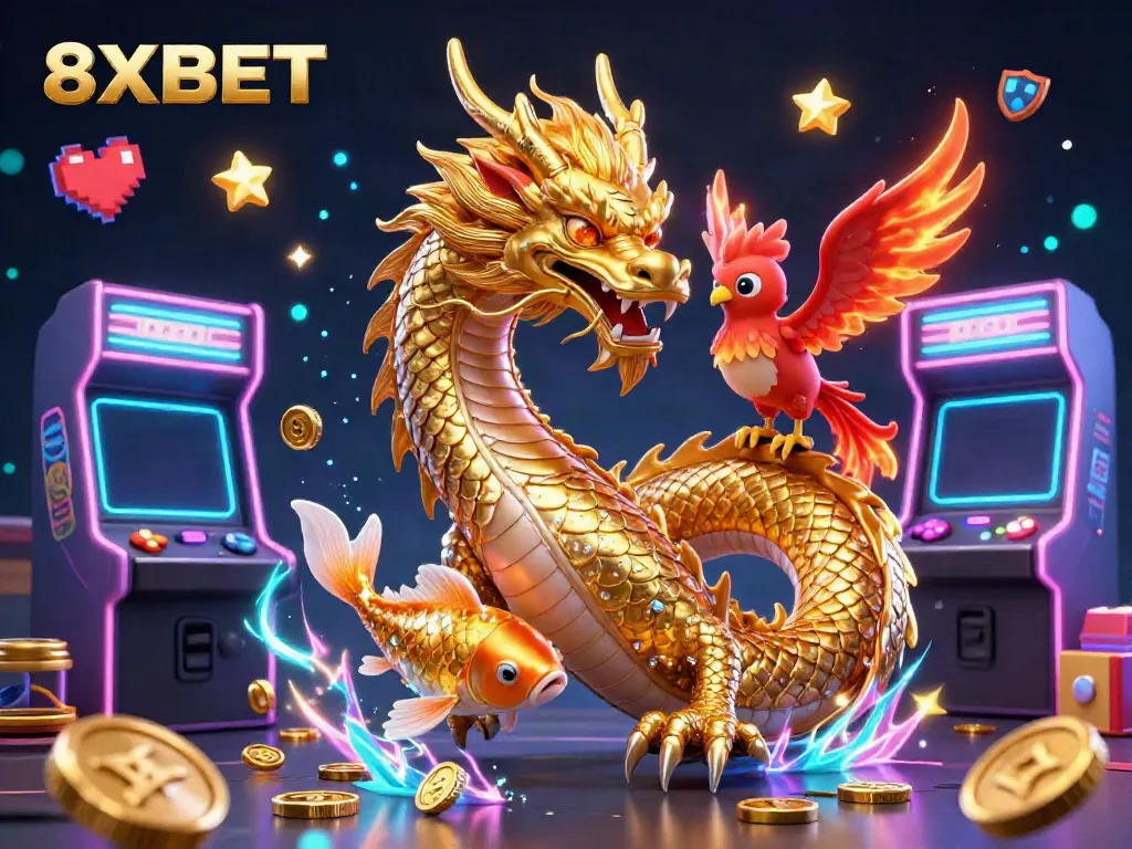 Experience thrilling gameplay at 8XBET with a mesmerizing golden dragon, phoenix, and koi fish amidst vibrant casino elements.