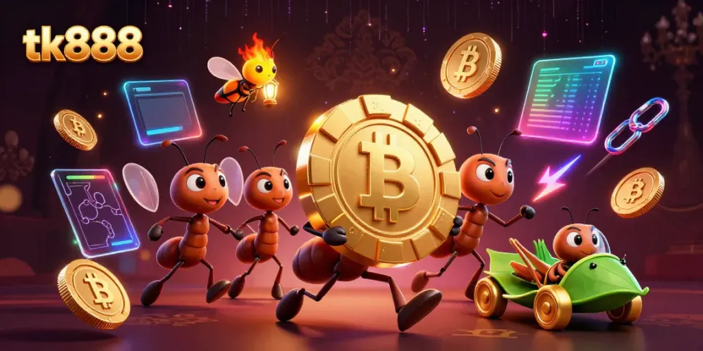 Engaging scene of ants in a heist themed around tk888, featuring crypto elements and a whimsical casino atmosphere.